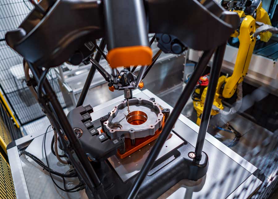 Quality control measurement probe. Metalworking CNC milling machine. Cutting metal modern processing technology. Small depth of field. Warning - authentic shooting in challenging conditions.